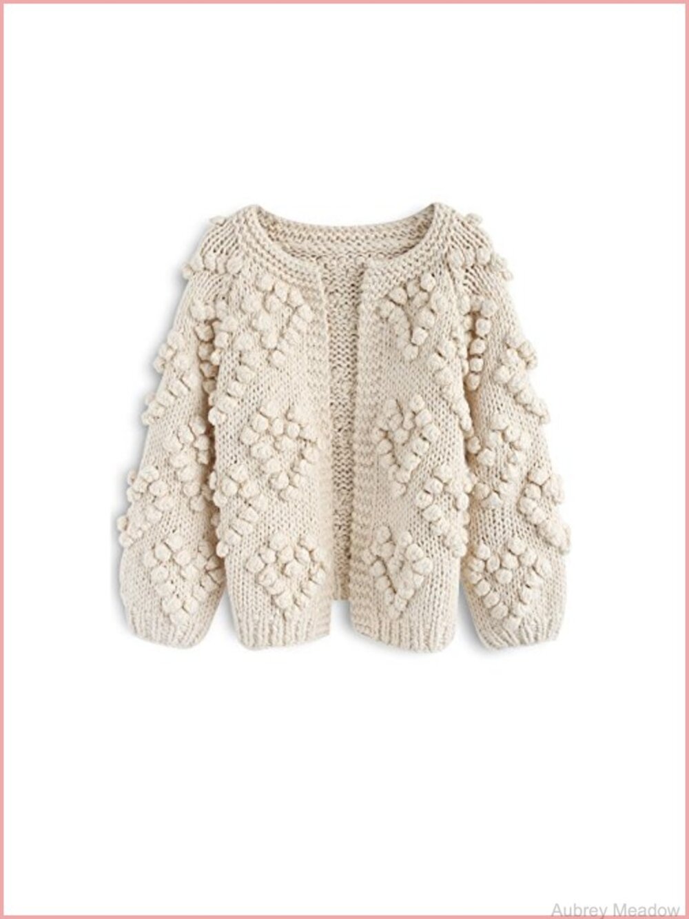 Hand Knit Heart Pattern Open Front Cardigan Loose Fit Ribbed Cuffs